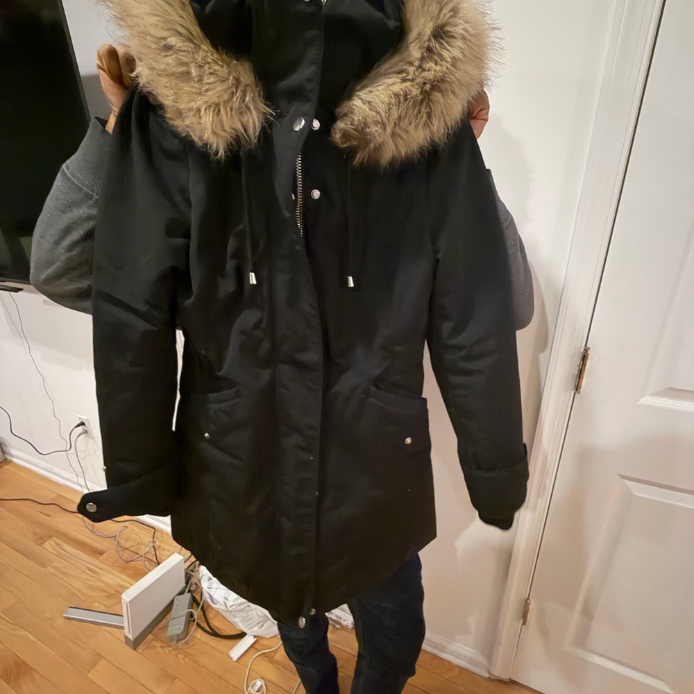 Zara Black Puffer Coat with Fur Hood- mid length
